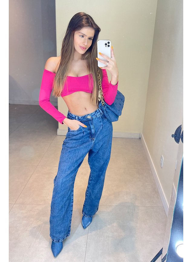 top cropped com mangas de malha fria rosa 2