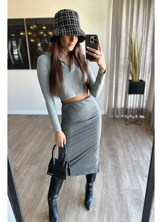 Saia Midi Com Abertura De Malha Fria Mescla - Main Image