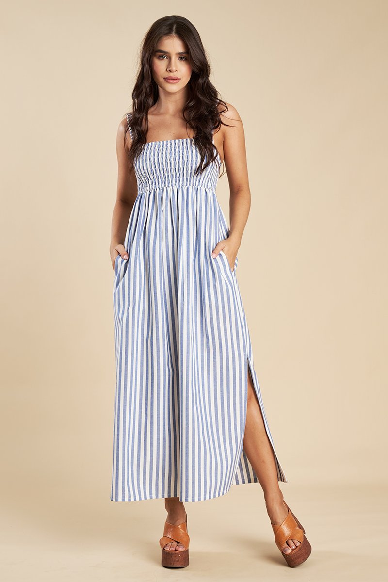 Vestido Midi Elise De Tricoline Listrado - Azul