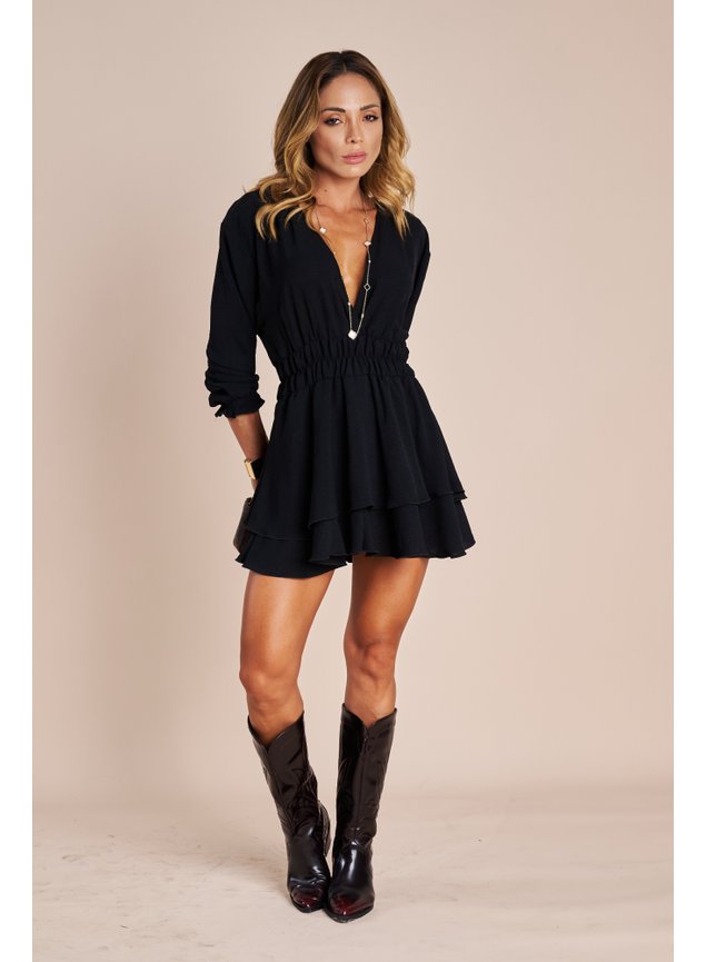 Vestido Curto Joelle Com Manga Longa De Air Flow Com Forro Preto