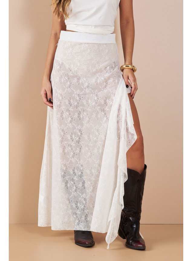 Linho Saia Midi Babado Saia Midi Babado Saia Longa Com Fenda E