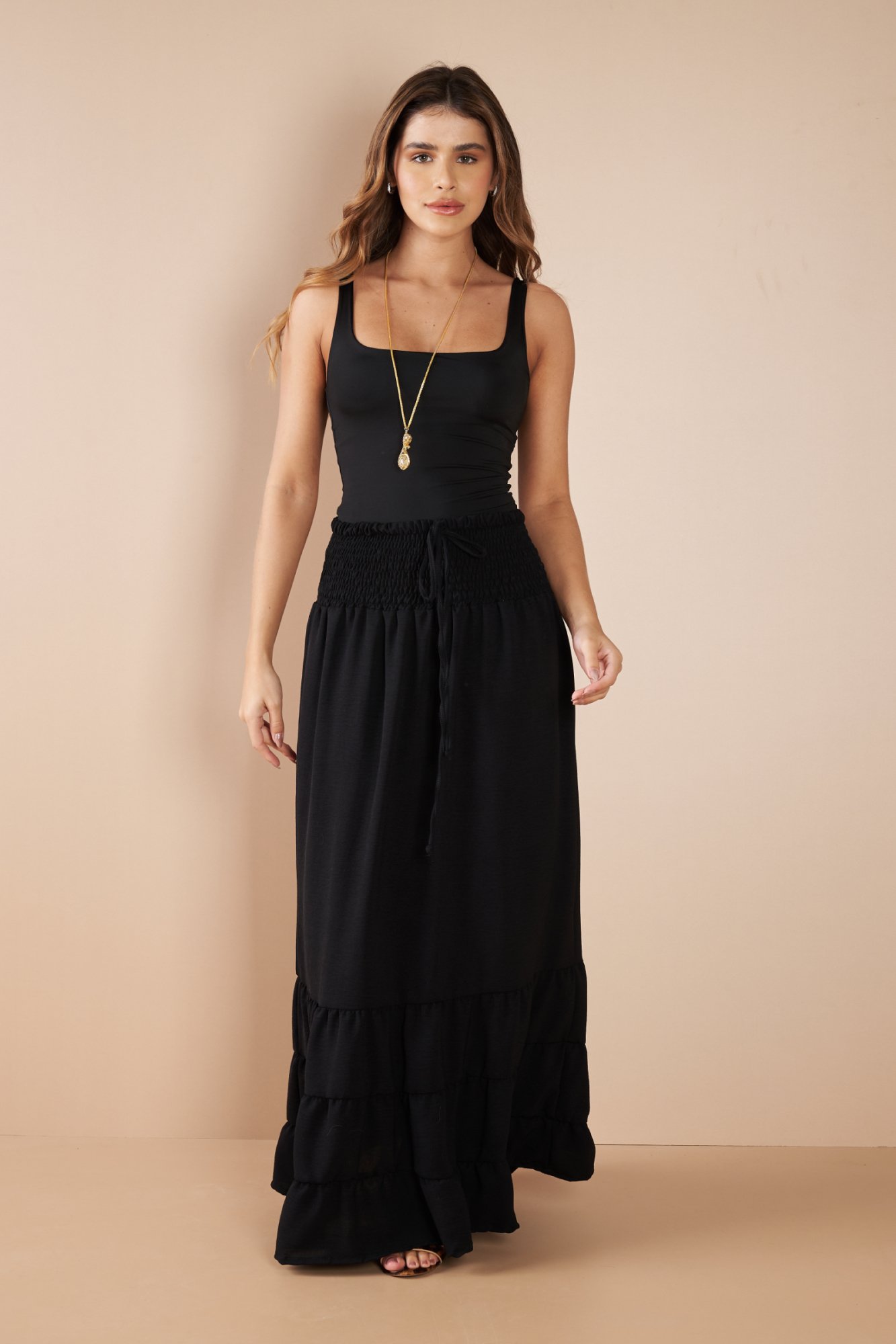 Saia Midi Nic Com Lastex De Air Flow Sem Forro - Preto