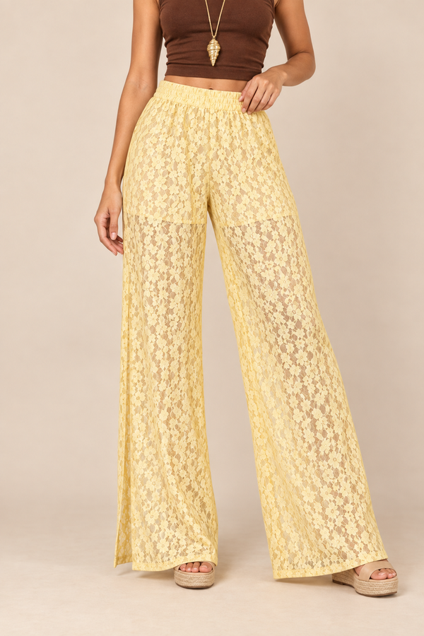 Calça Reta De Cintura Alta Iasmin De Renda Sem Forro - Amarelo Manteiga — no corpo