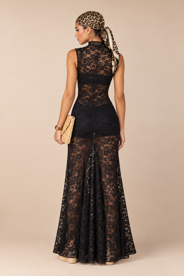 Vestido Longo Fannie De Renda Sem Forro - Preto — no corpo