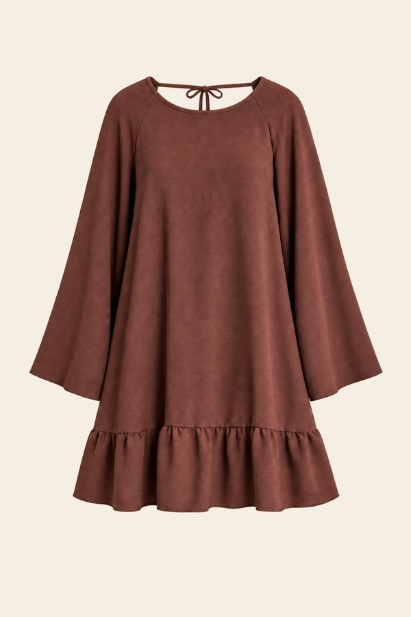 Vestido Curto Marina De Manga Longa Com Babado - Marrom