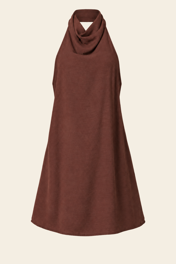 Vestido Curto Mabile Com Gola Alta Drapeada E Decote Nas Costas De Crepe Duna Sem Forro - Marrom