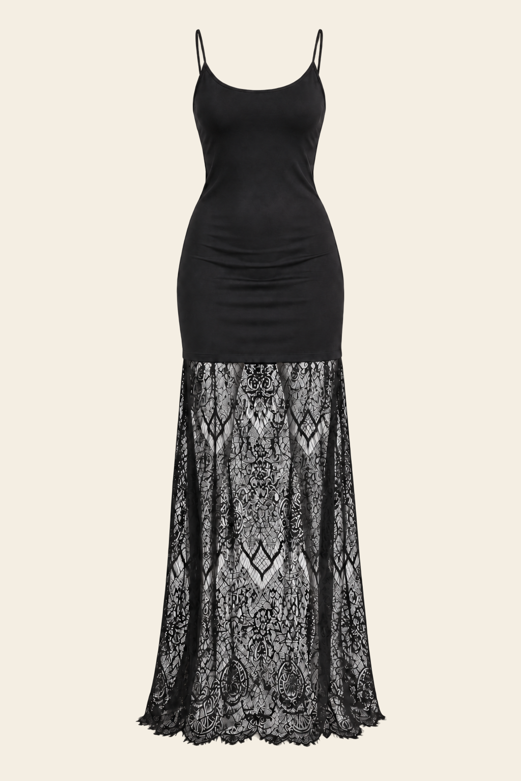 Vestido longo preto fotografado sozinho, com alças finas, corpo justo em malha e saia em renda transparente terminando em bico
