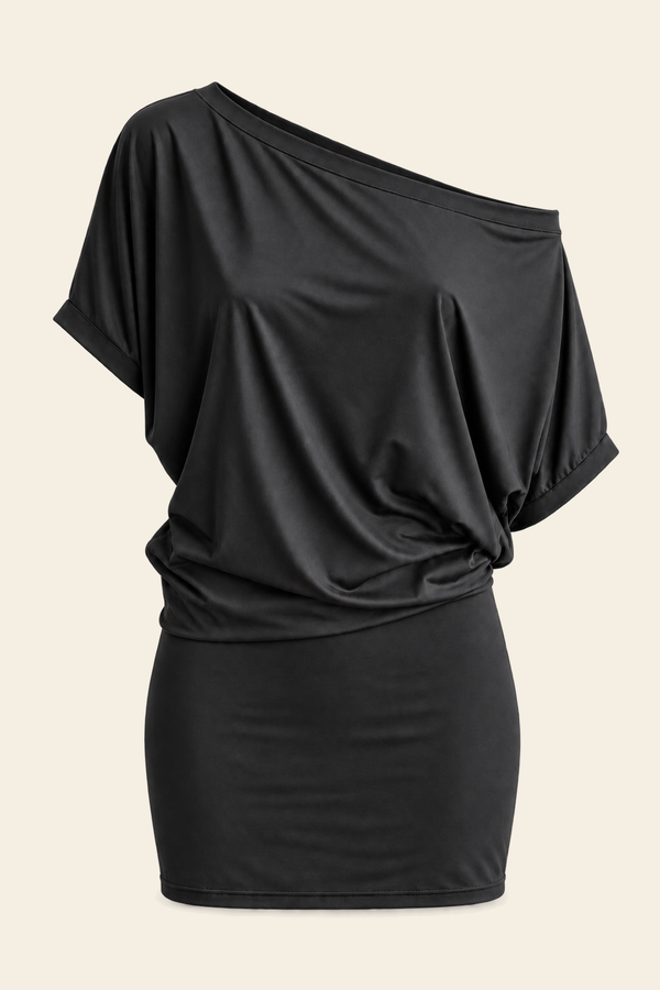Vestido Curto Ombro Caído Manga Morcego Leah - Preto