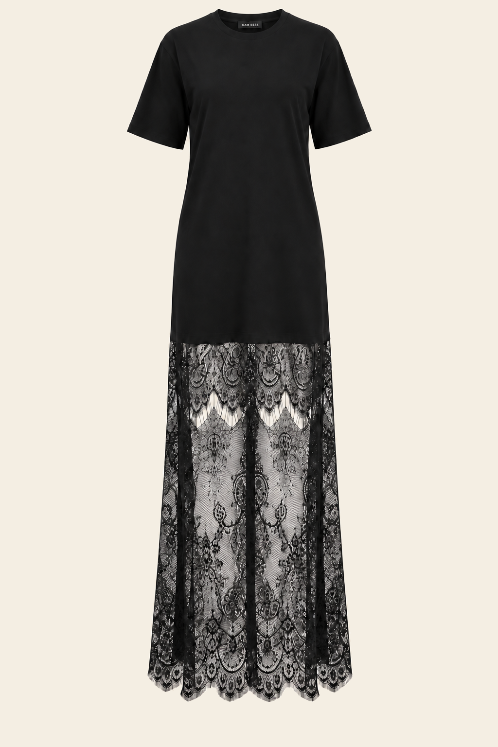 Vestido preto com barra longa em renda — peça inteira