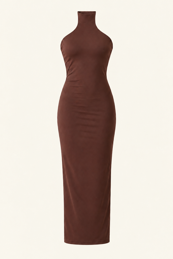 Vestido Longo Elsa Com Gola De Poliamida Sem Forro - Marrom